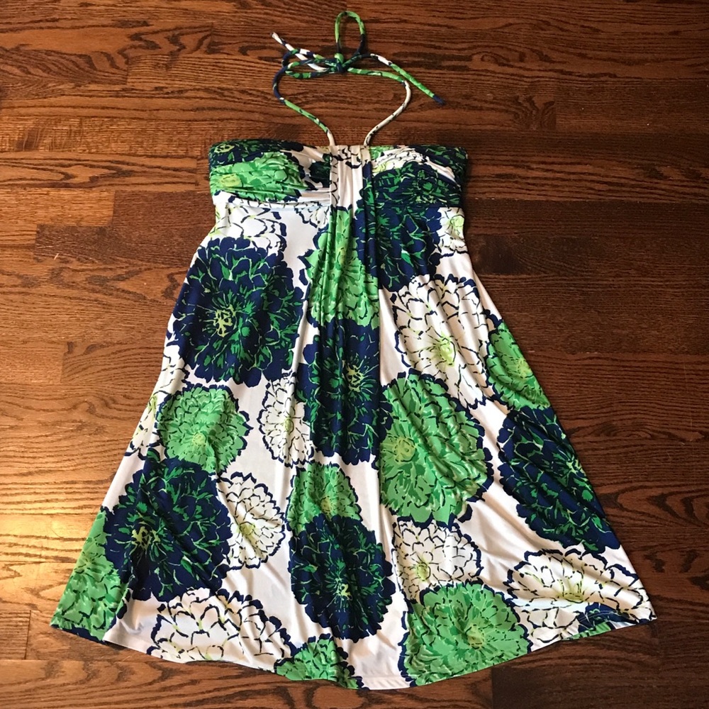 👗Navy & Green Print Halter Dress